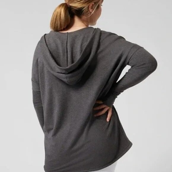 Athleta Hoodie Gray Purana Criss Cross Fleece Lined Sweatshirt XS - Picture 2 of 9